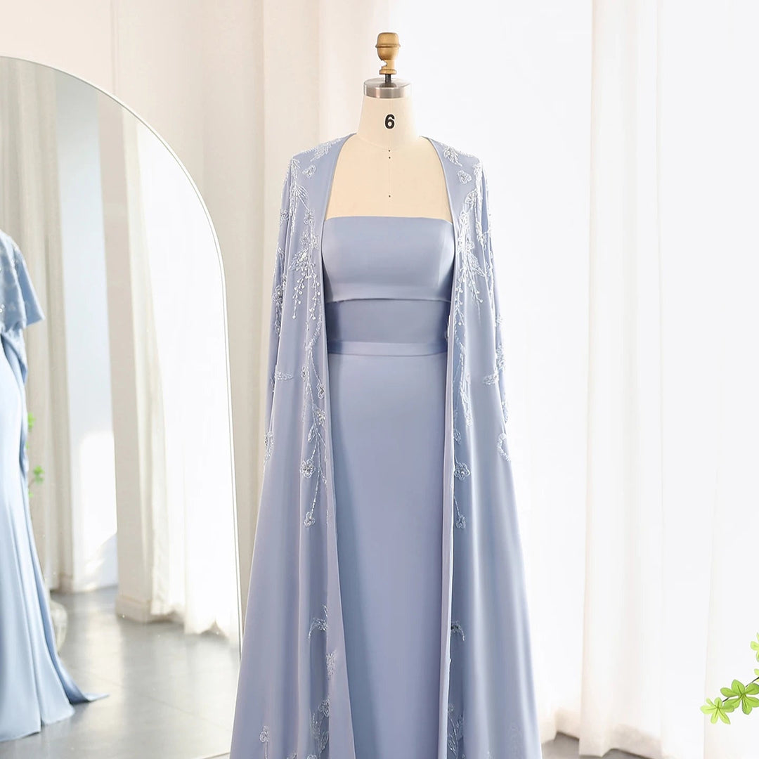 Dreamy Vow Arabic Blue Mermaid Evening Dress with Cape Sleeves 2024 Luxury Beaded Dubai Women Wedding Guest Party Gowns SS407-DreamyVow