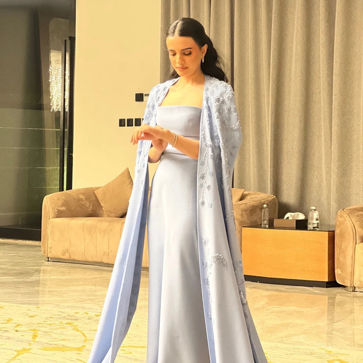 Dreamy Vow Arabic Blue Mermaid Evening Dress with Cape Sleeves 2024 Luxury Beaded Dubai Women Wedding Guest Party Gowns SS407-DreamyVow