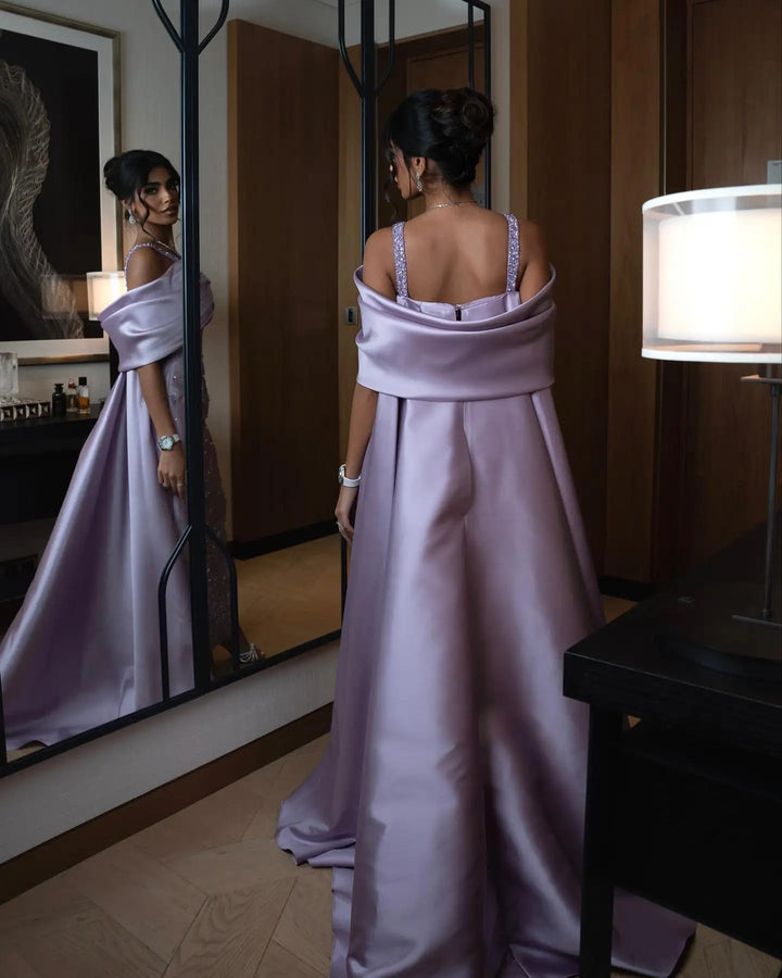 Dreamy Vow Arabic Lilac Off Shoulder Lilac Evening Dress with Cape Overskirt Luxury Dubai Beaded Women Wedding Party Gowns SS341-DreamyVow