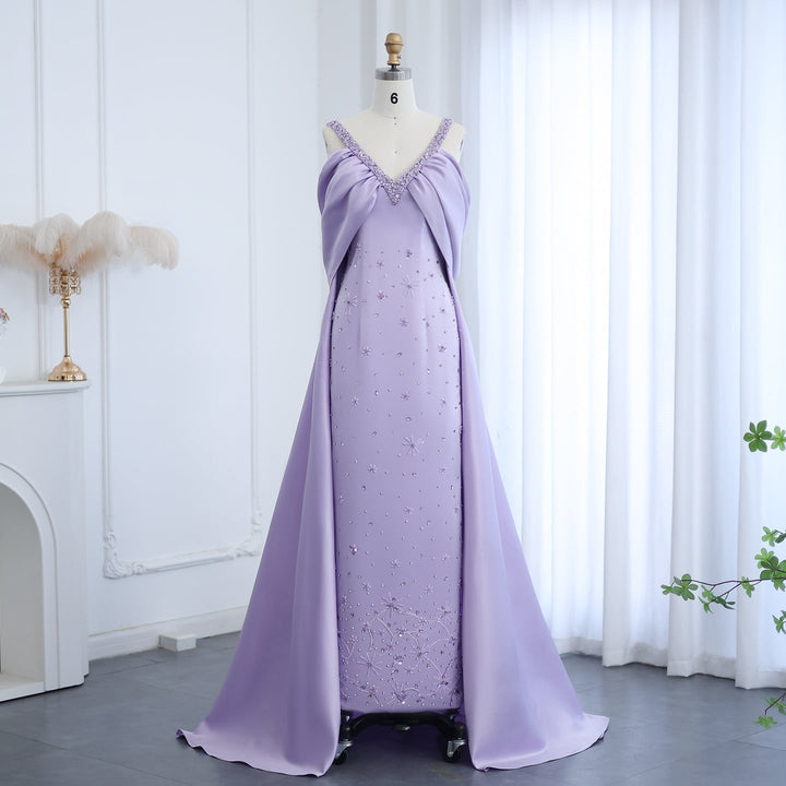 Dreamy Vow Arabic Lilac Off Shoulder Lilac Evening Dress with Cape Overskirt Luxury Dubai Beaded Women Wedding Party Gowns SS341-DreamyVow