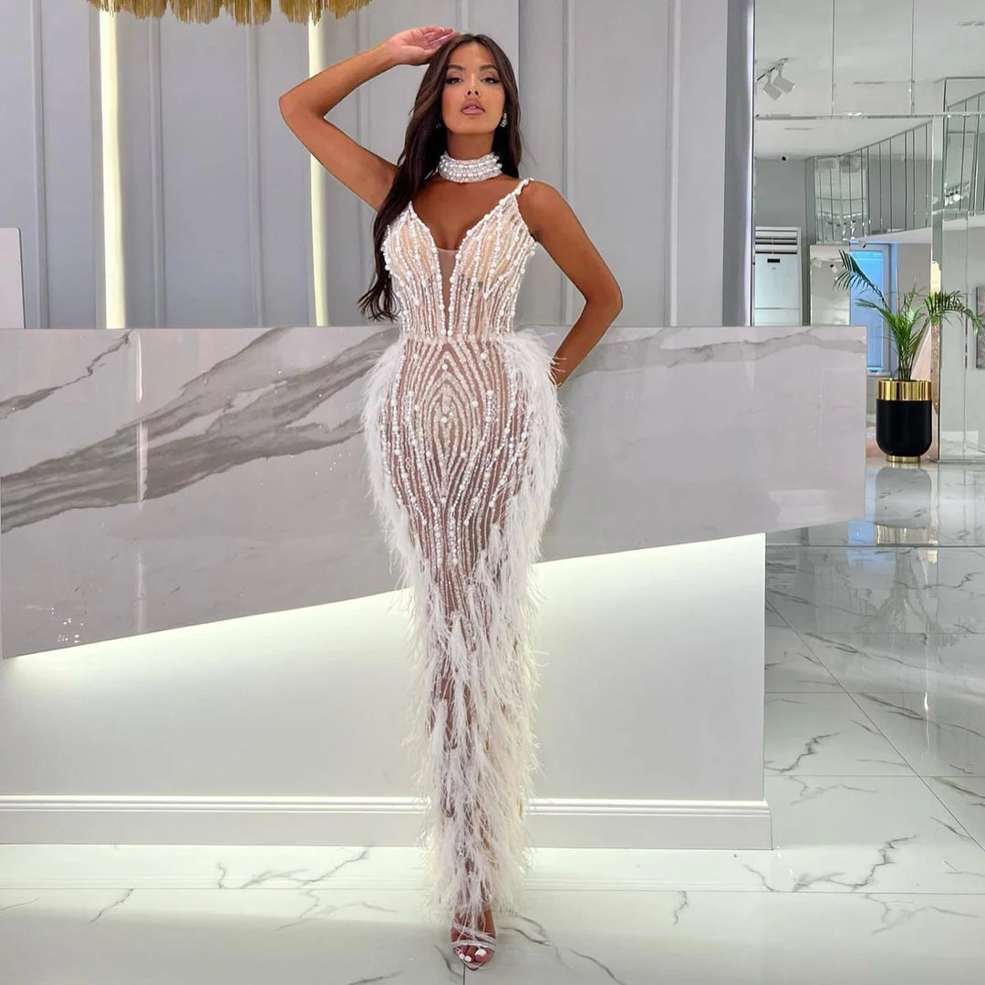 Luxury Feather Nude Mermaid Spaghetti Evening Dress with Cape SS185