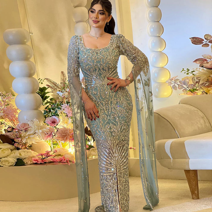 Dreamy Vow Luxury Arabic Turquoise Evening Dress with Cape Sleeves Elegant Sqaure Neck Dubai Women Wedding Party Gowns SS469