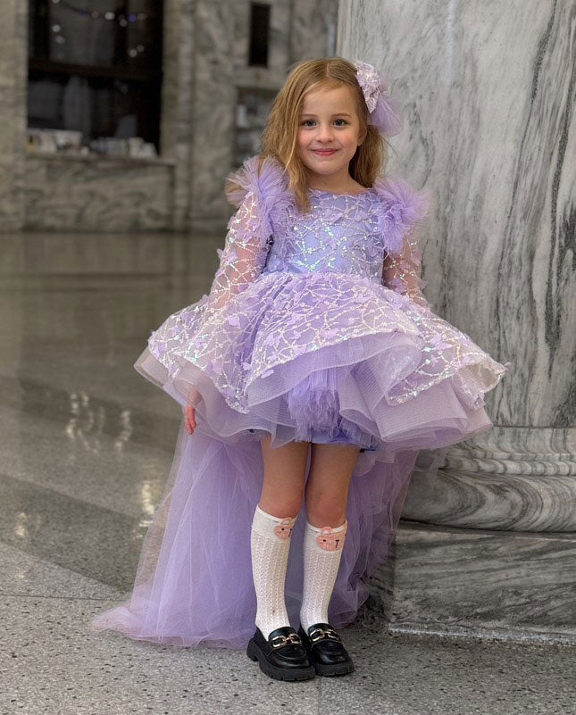 DreamyVow Sequins Lilac Long Sleeve Girl Dress Knee Length J287