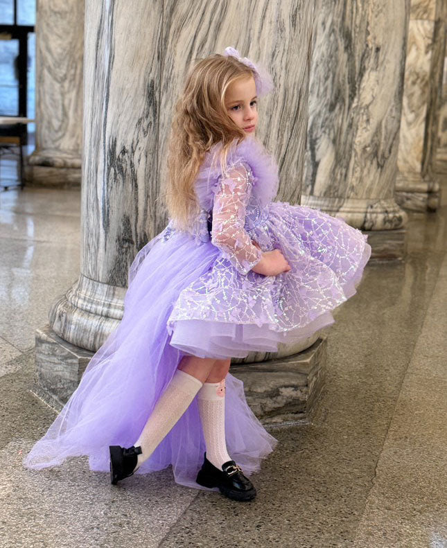 DreamyVow Sequins Lilac Long Sleeve Girl Dress Knee Length J287