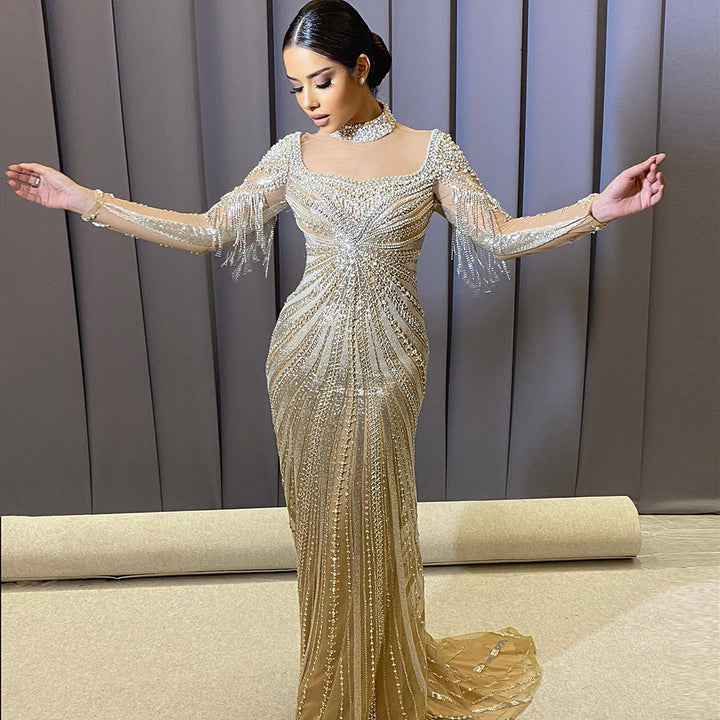 Dreamy Vow Luxury Champagne Mermaid Dubai Evening Dress with Detachable Overskirt Arabic Women Wedding Formal Party Gowns 265