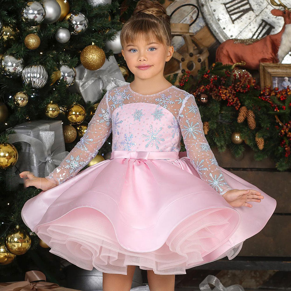 DreamyVow Elegant Pink Long Sleeve Flower Girl Dress Knee Length J048