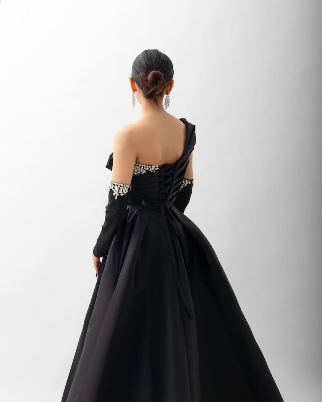 Dreamy Vow Elegant Black Satin Crystal One Shoulder Evening Dress SF272