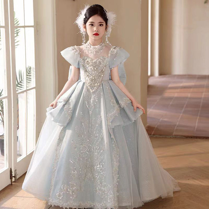 DreamyVow Luxury Blue Crystal Princess Party Girl Dress with Bow J333