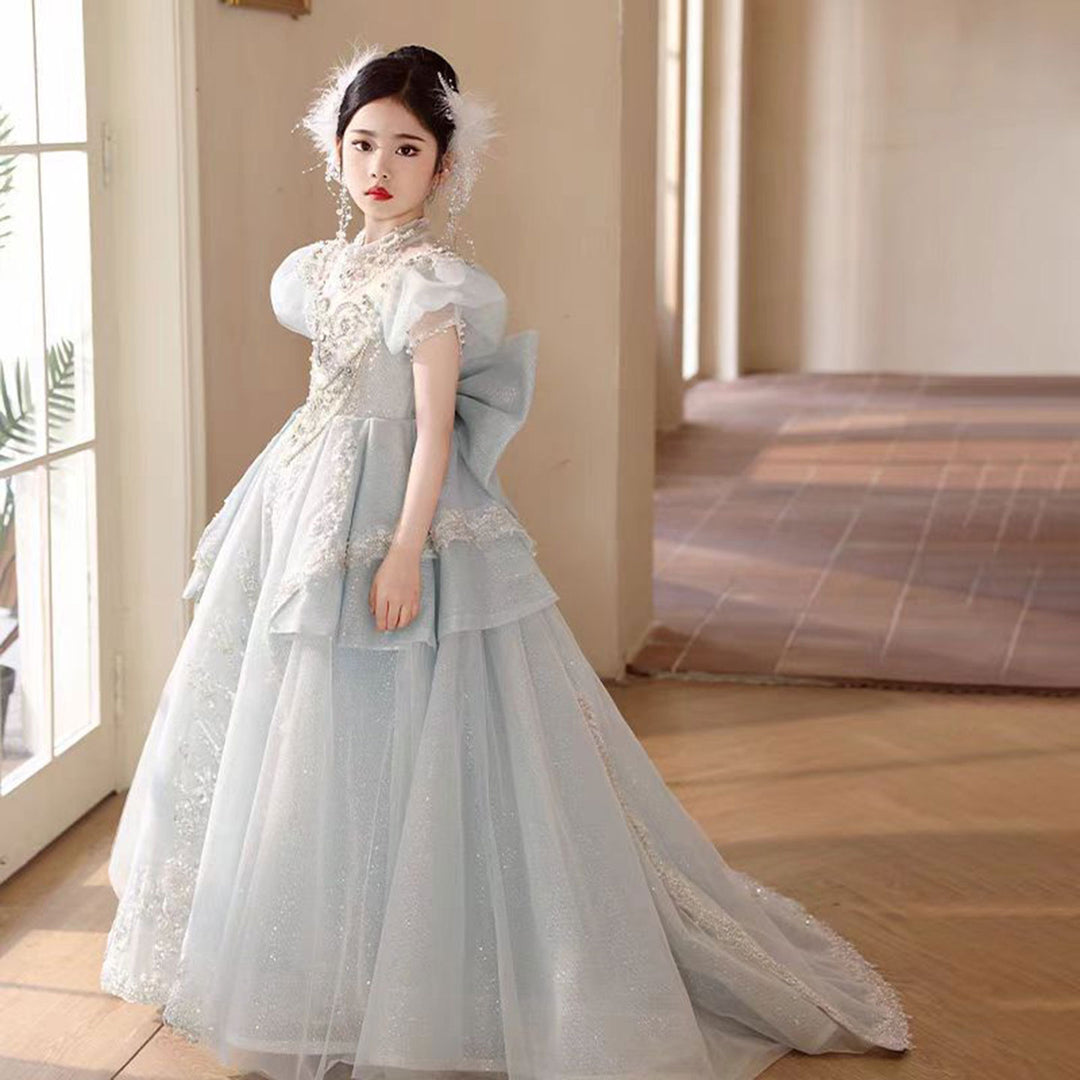 DreamyVow Luxury Blue Crystal Princess Party Girl Dress with Bow J333