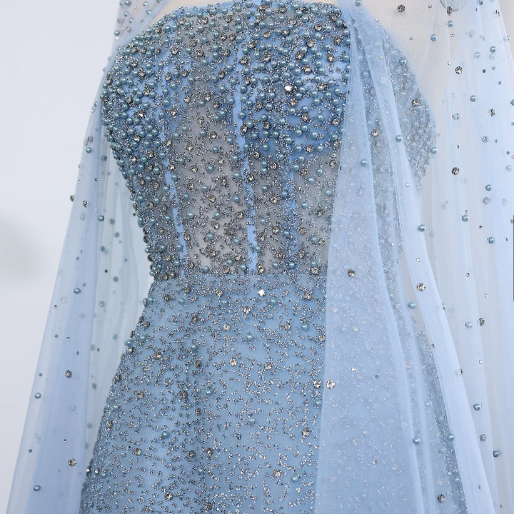 Luxury Sparkly Crystal Turquoise Evening Dress with Cape SS198