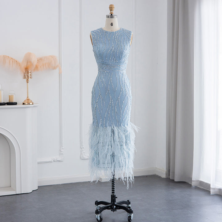 Elegant Light Blue Lace Midi Evening Dress with Feathers SS499