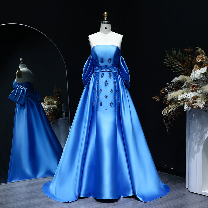 Arabic Satin Blue Elegant Evening Dress with Detachable Overskirt Cape Sleeve SS255