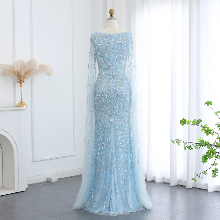 Luxury Beaded Blue Mermaid Evening Dress with Cape Sleeves SS116