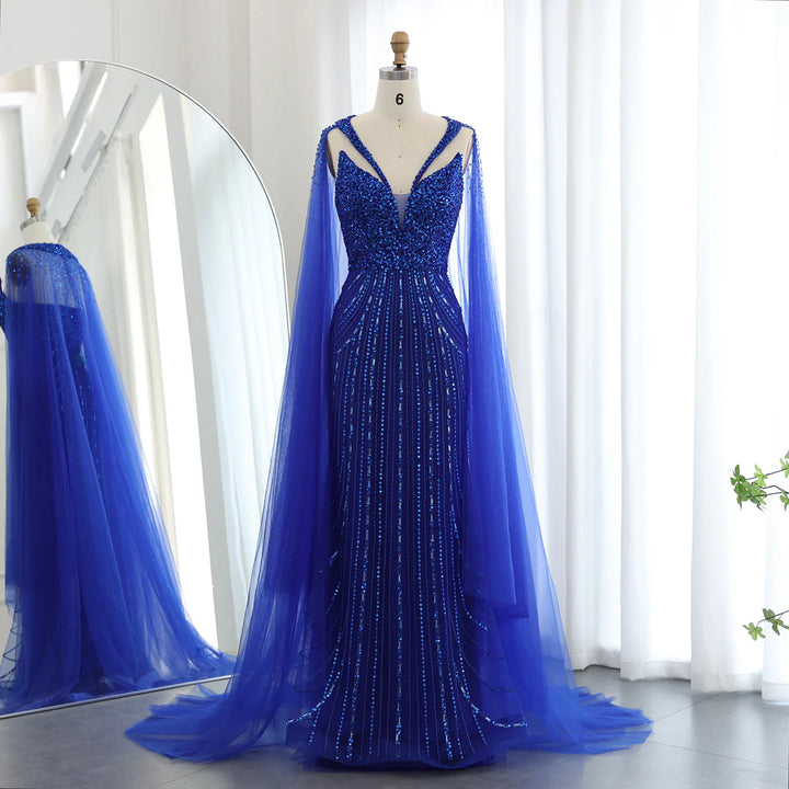 Luxury Royal Blue Mermaid Evening Dress with Cape SS411