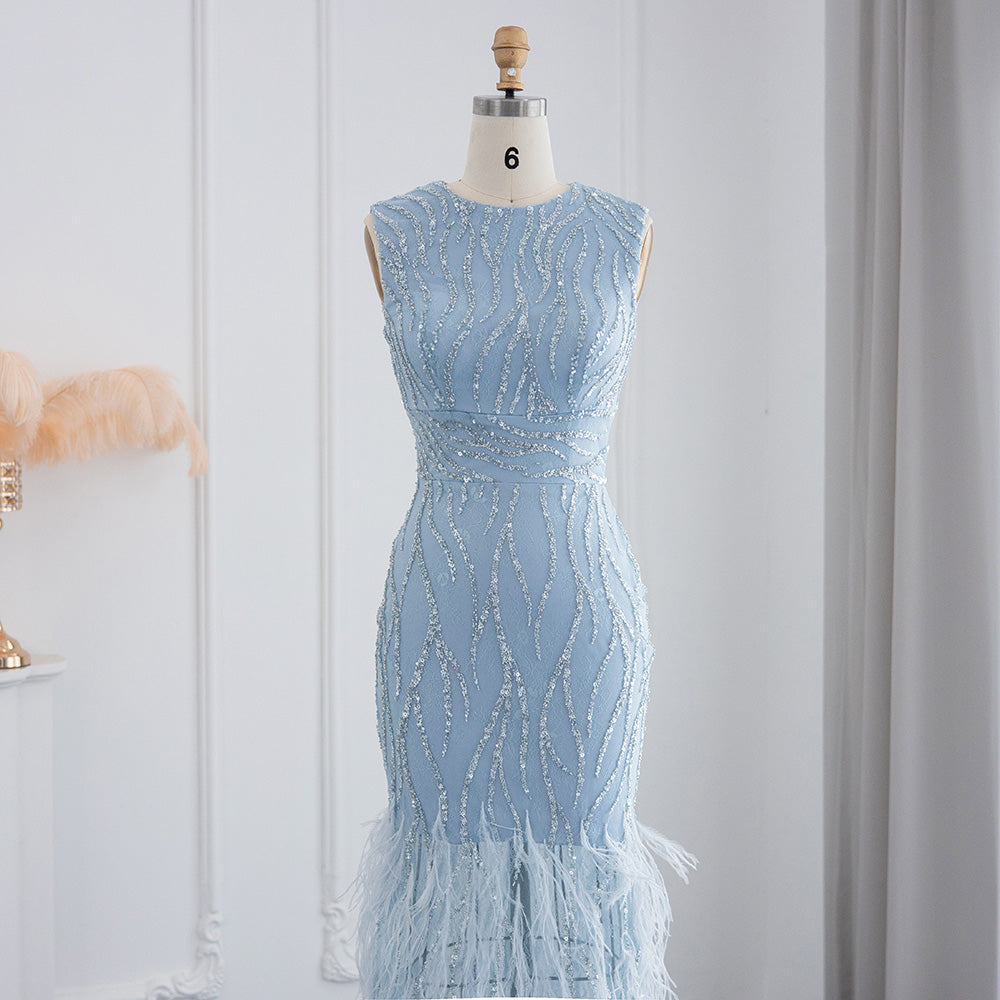 Elegant Light Blue Lace Midi Evening Dress with Feathers SS499