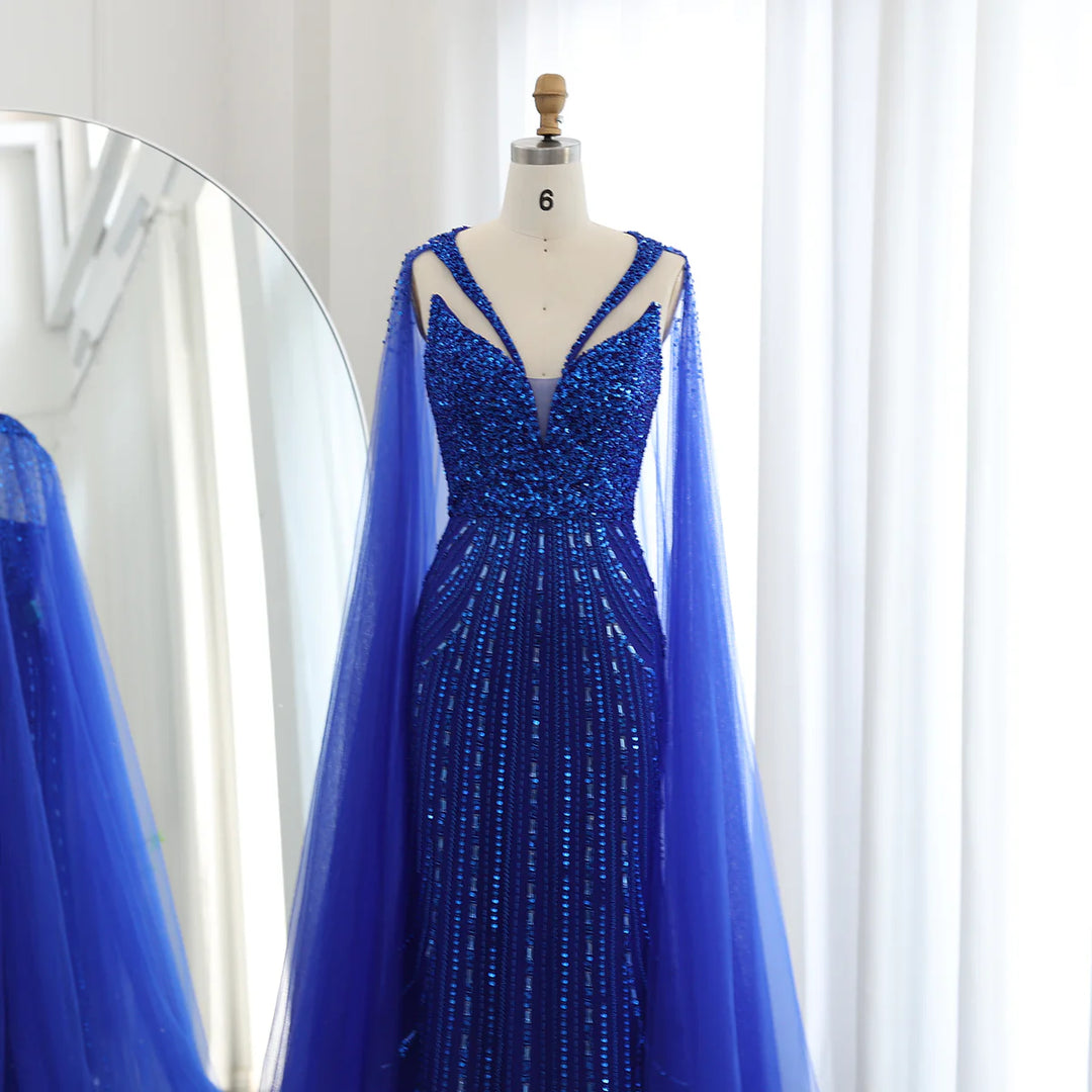 Luxury Royal Blue Mermaid Evening Dress with Cape SS411