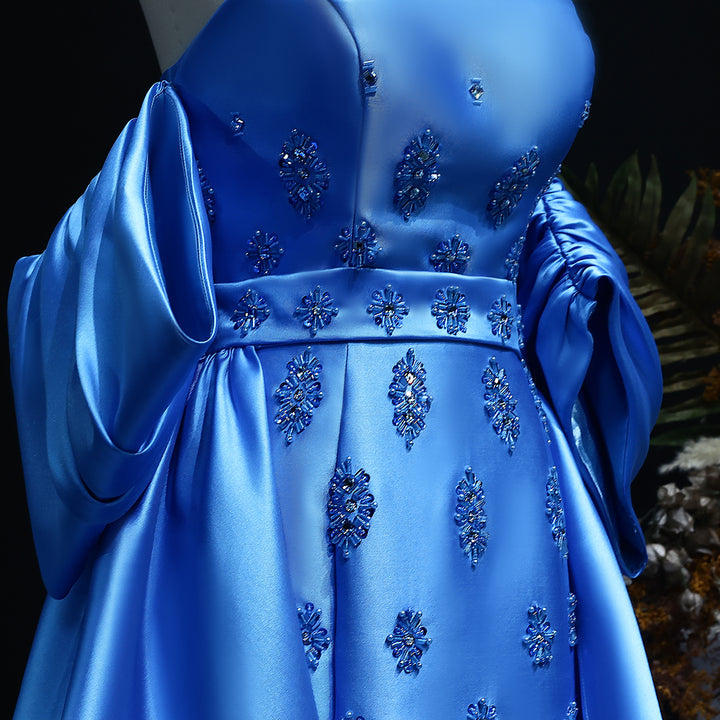 Arabic Satin Blue Elegant Evening Dress with Detachable Overskirt Cape Sleeve SS255