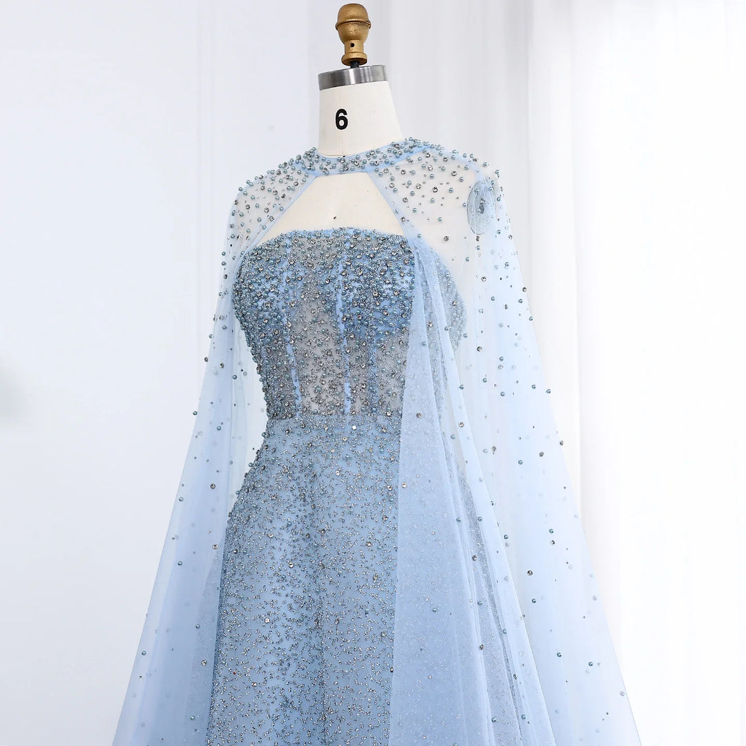 Luxury Sparkly Crystal Turquoise Evening Dress with Cape SS198