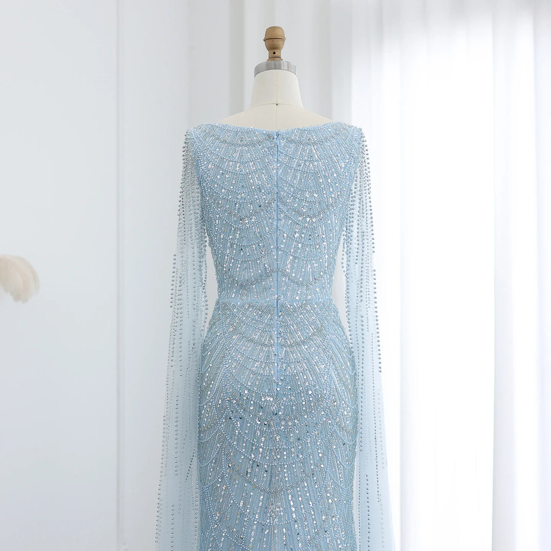 Luxury Beaded Blue Mermaid Evening Dress with Cape Sleeves SS116