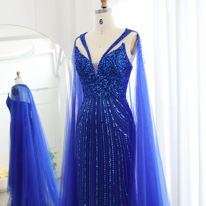 Luxury Royal Blue Mermaid Evening Dress with Cape SS411