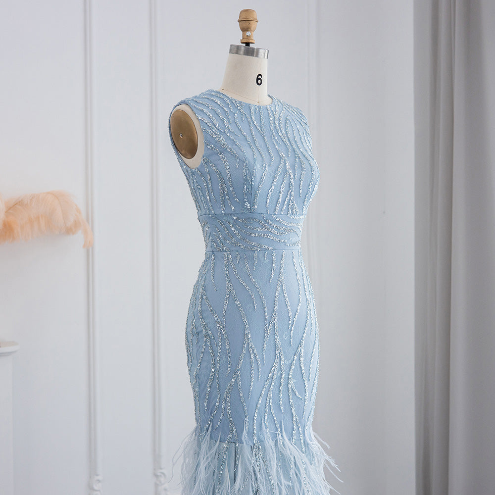 Elegant Light Blue Lace Midi Evening Dress with Feathers SS499