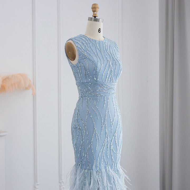 Elegant Light Blue Lace Midi Evening Dress with Feathers SS499