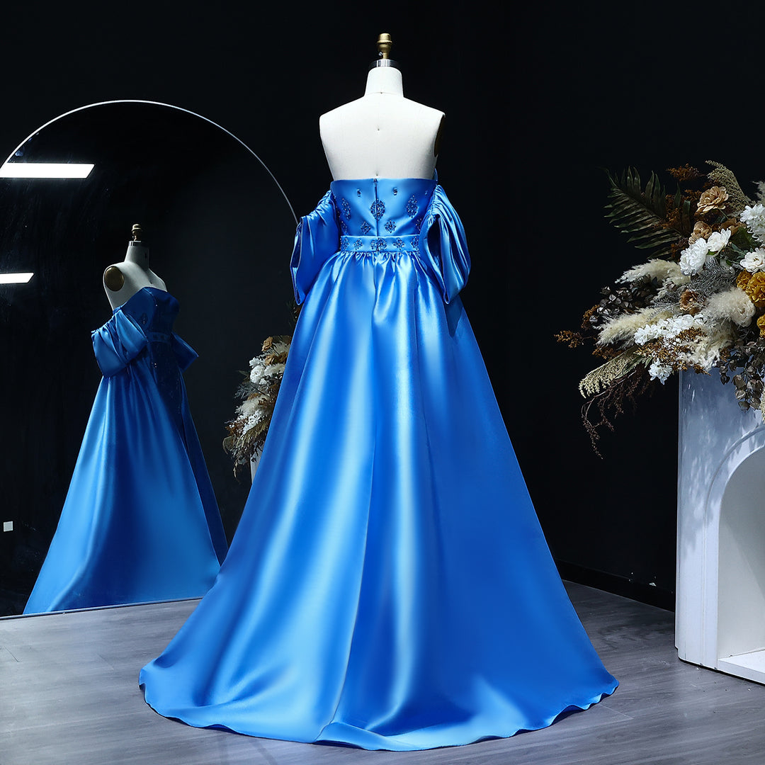 Arabic Satin Blue Elegant Evening Dress with Detachable Overskirt Cape Sleeve SS255