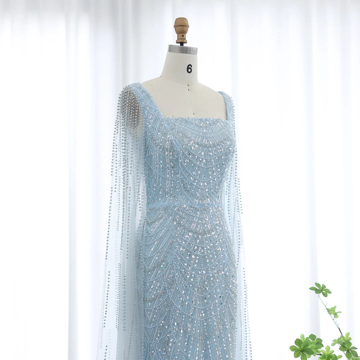 Luxury Beaded Blue Mermaid Evening Dress with Cape Sleeves SS116