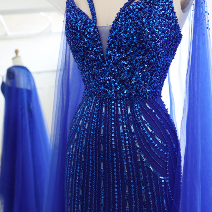 Luxury Royal Blue Mermaid Evening Dress with Cape SS411