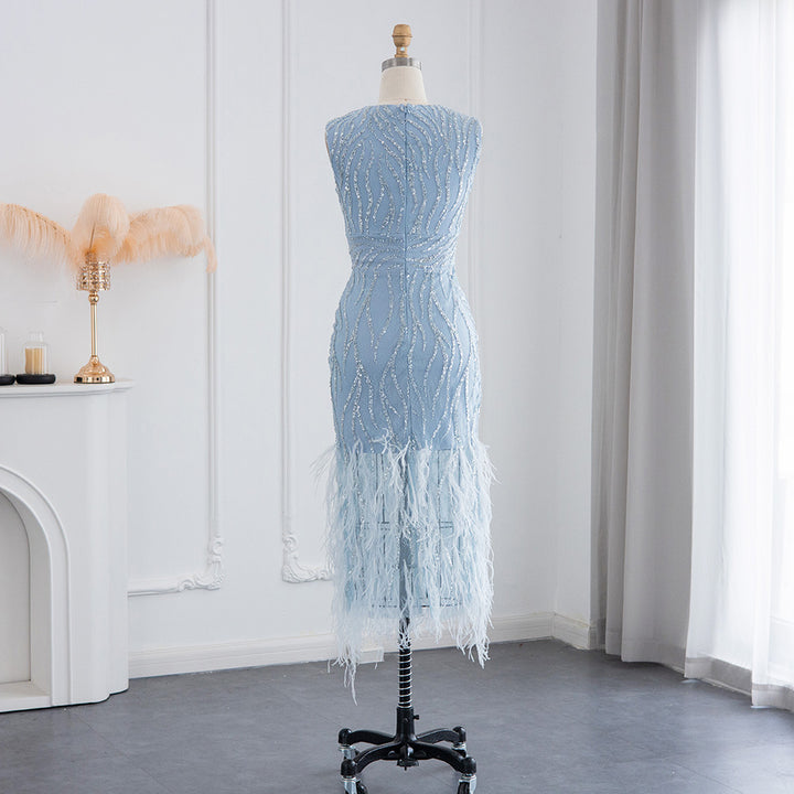 Elegant Light Blue Lace Midi Evening Dress with Feathers SS499