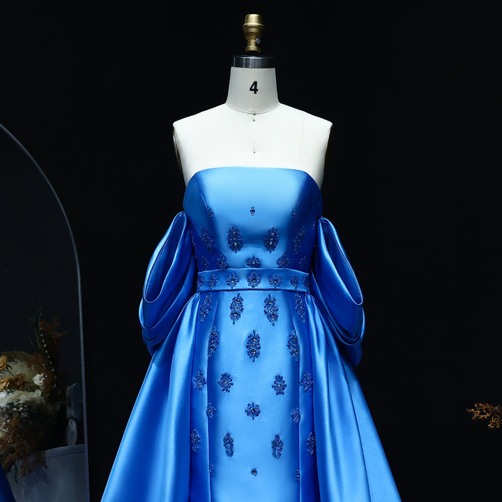 Arabic Satin Blue Elegant Evening Dress with Detachable Overskirt Cape Sleeve SS255