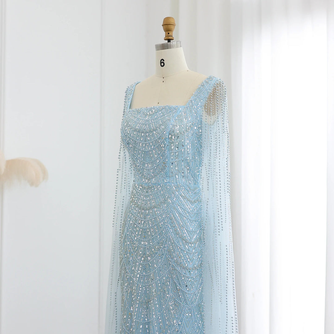 Luxury Beaded Blue Mermaid Evening Dress with Cape Sleeves SS116