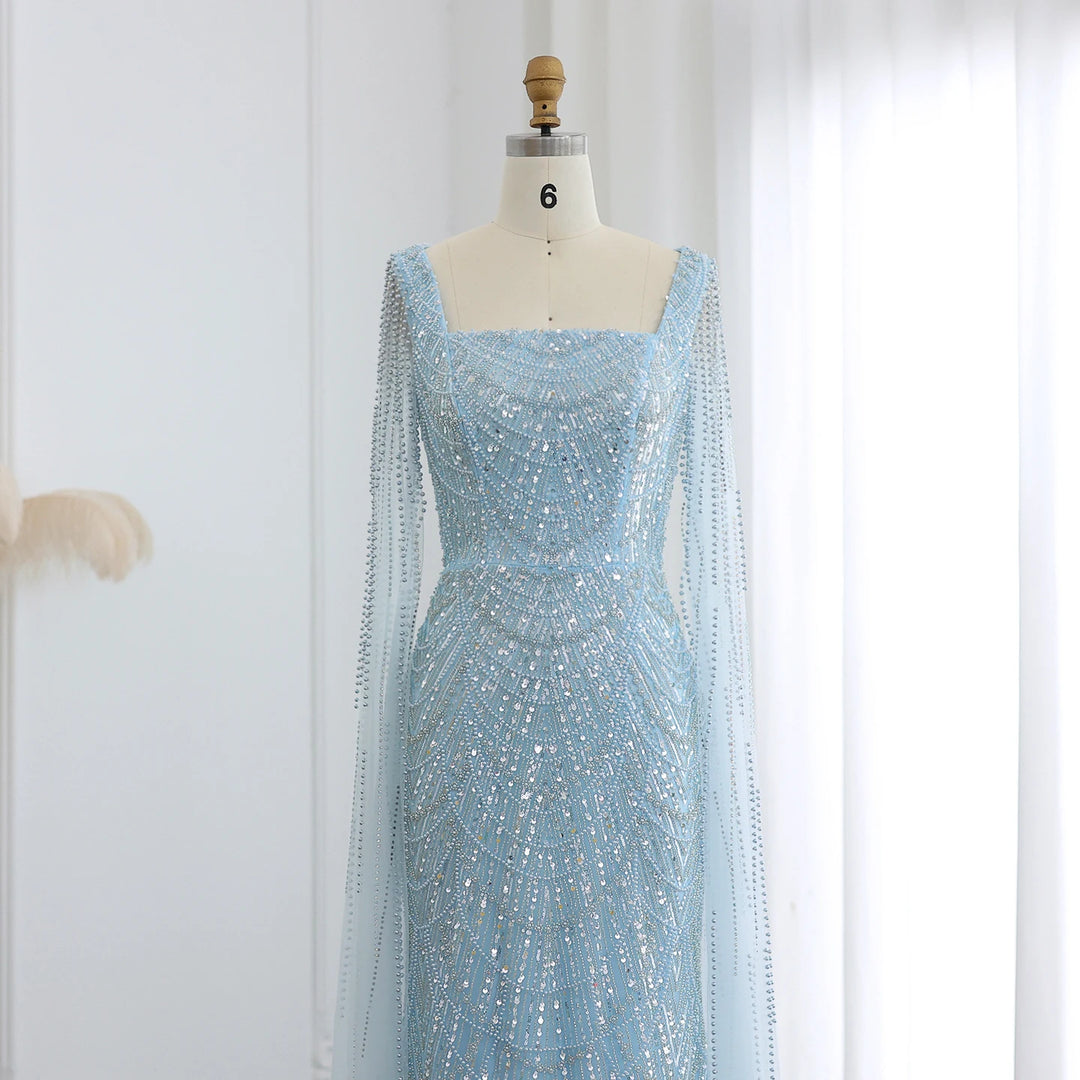 Luxury Beaded Blue Mermaid Evening Dress with Cape Sleeves SS116