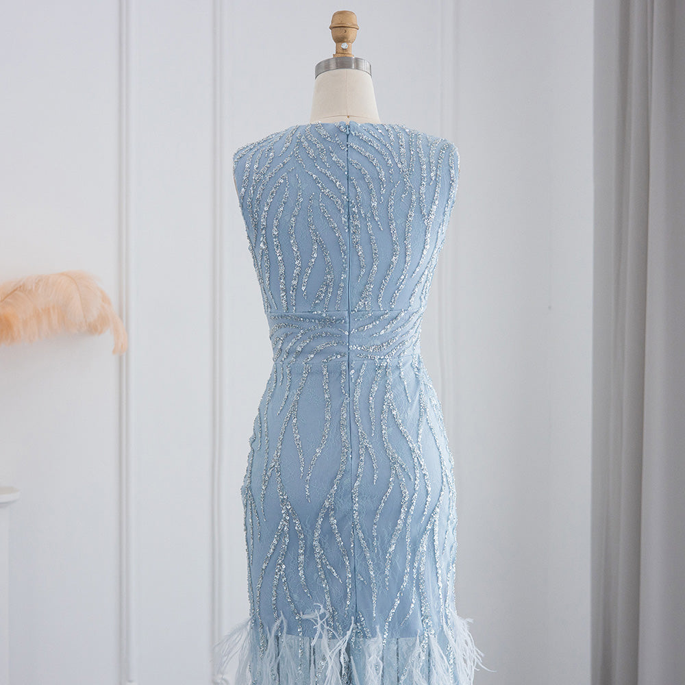 Elegant Light Blue Lace Midi Evening Dress with Feathers SS499