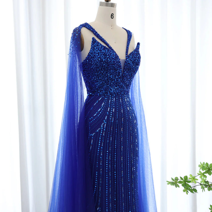 Luxury Royal Blue Mermaid Evening Dress with Cape SS411