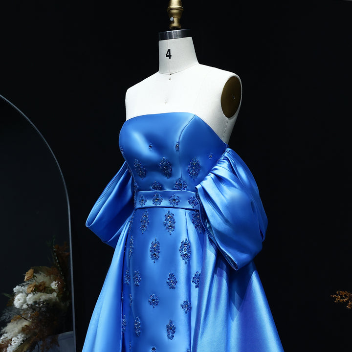 Arabic Satin Blue Elegant Evening Dress with Detachable Overskirt Cape Sleeve SS255