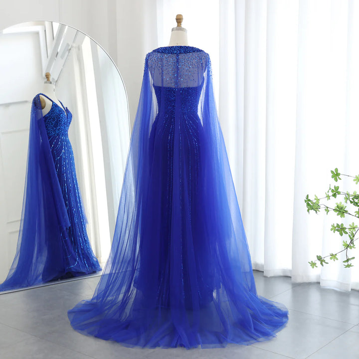 Luxury Royal Blue Mermaid Evening Dress with Cape SS411