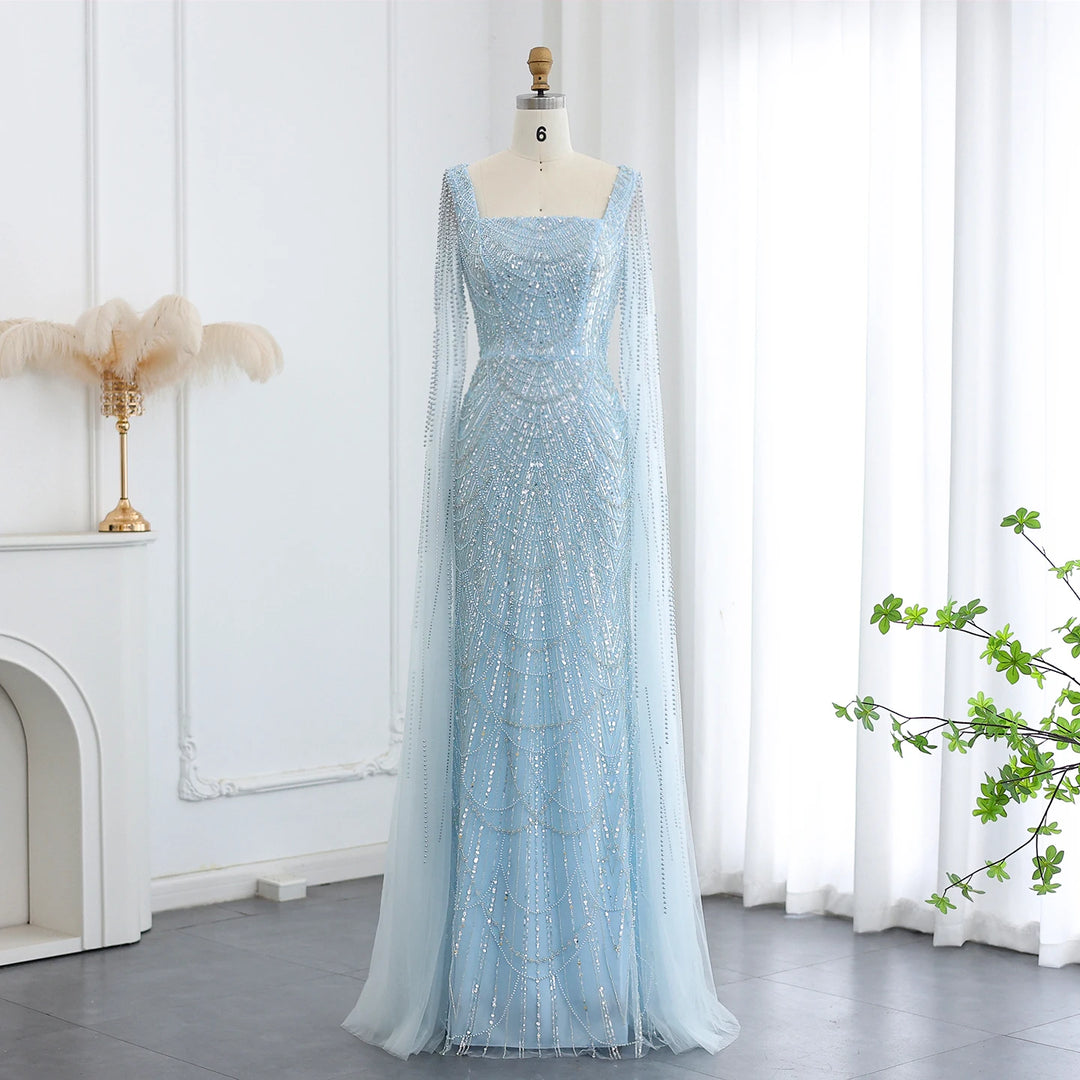 Luxury Beaded Blue Mermaid Evening Dress with Cape Sleeves SS116