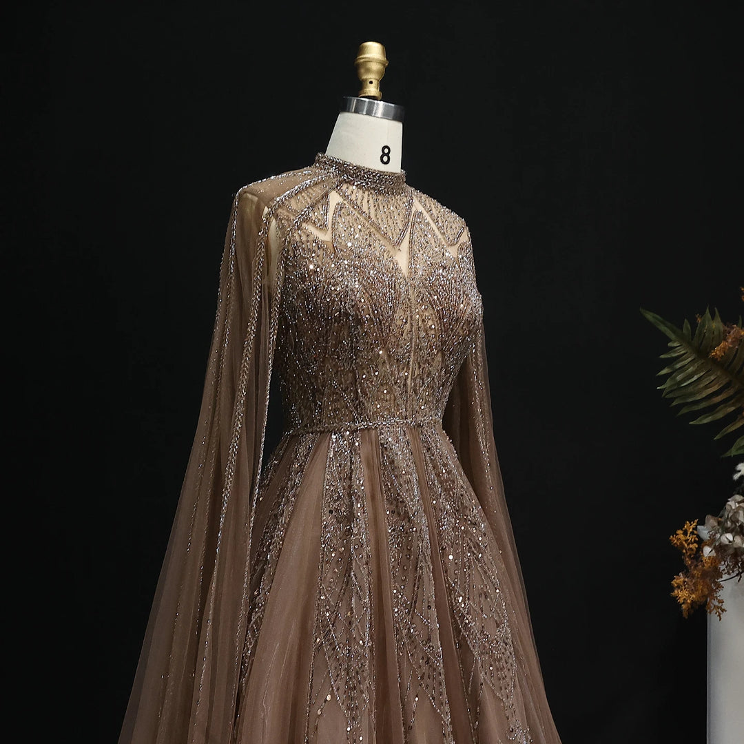 Luxury Dubai Pink Arabic Evening Dress with Cape Sleeves Brown Gowns SS050