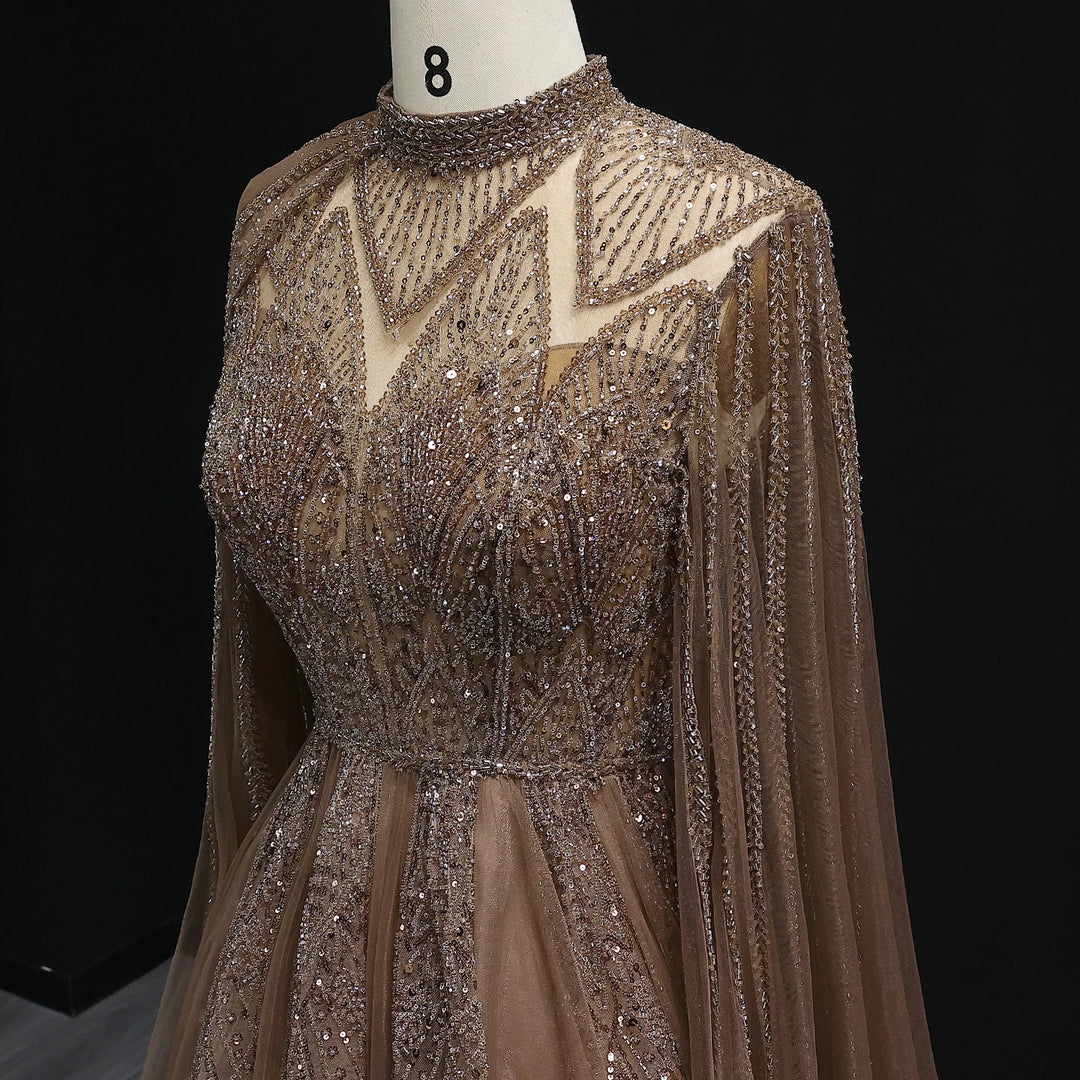 Luxury Dubai Pink Arabic Evening Dress with Cape Sleeves Brown Gowns SS050