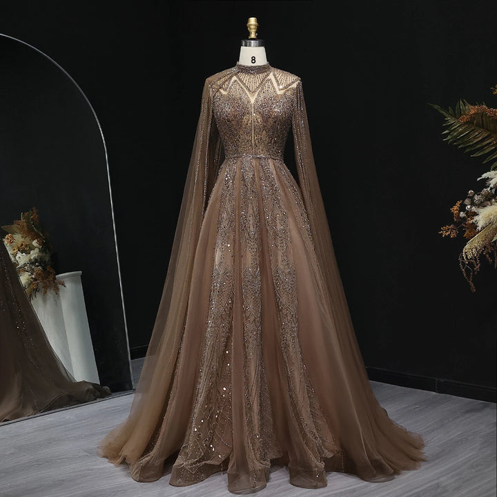 Luxury Dubai Pink Arabic Evening Dress with Cape Sleeves Brown Gowns SS050