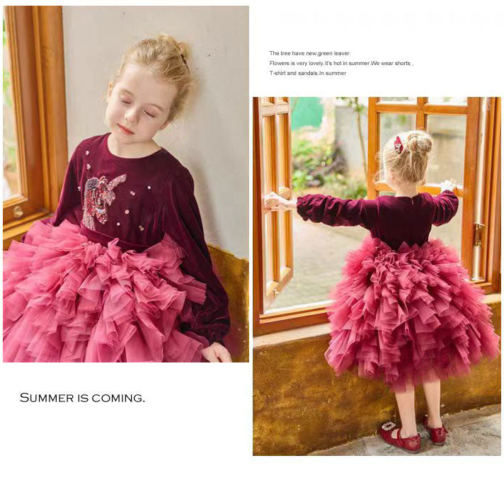 DreamyVow Burgundy Children Long Sleeve Party Girl Dress J327