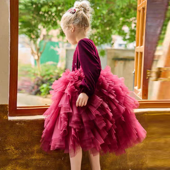 DreamyVow Burgundy Children Long Sleeve Party Girl Dress J327