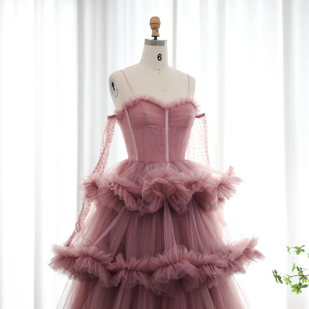 Dreamy Vow Burgundy Tulle Tiered Ruffles Evening Dresses with Gloves SF049