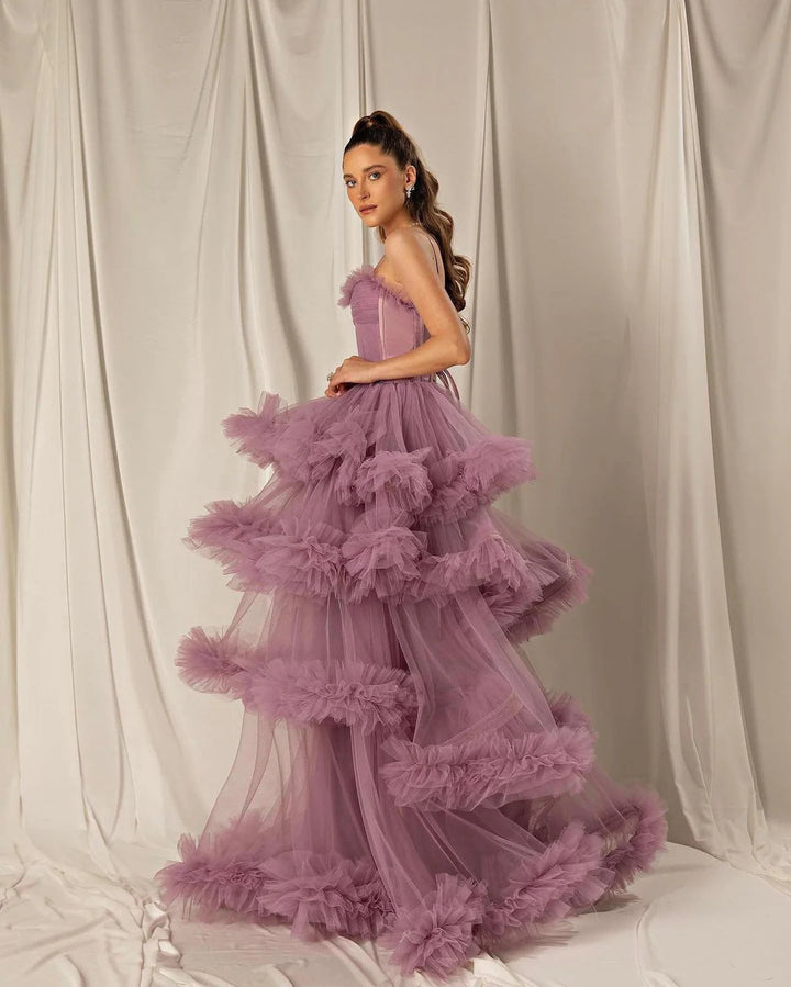 Dreamy Vow Burgundy Tulle Tiered Ruffles Evening Dresses with Gloves SF049