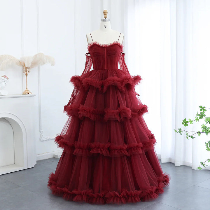 Dreamy Vow Burgundy Tulle Tiered Ruffles Evening Dresses with Gloves SF049