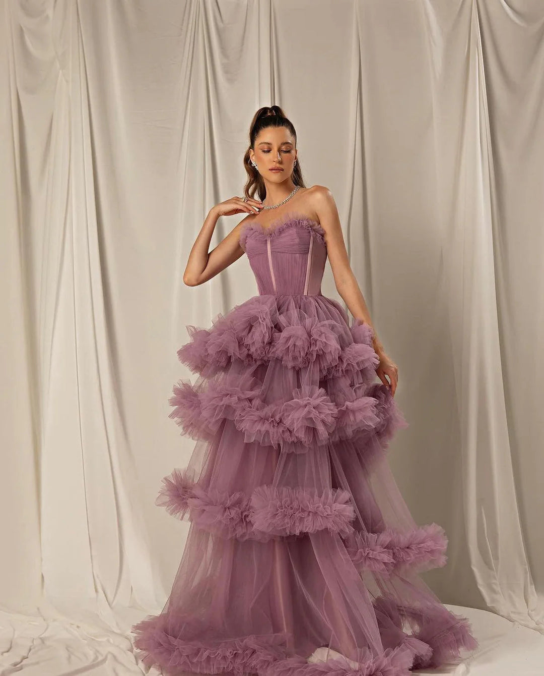 Dreamy Vow Burgundy Tulle Tiered Ruffles Evening Dresses with Gloves SF049