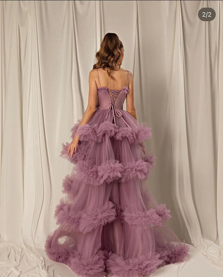 Dreamy Vow Burgundy Tulle Tiered Ruffles Evening Dresses with Gloves SF049