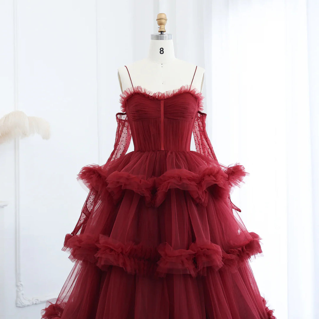 Dreamy Vow Burgundy Tulle Tiered Ruffles Evening Dresses with Gloves SF049