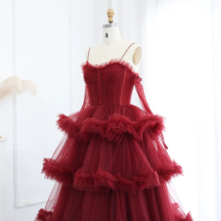 Dreamy Vow Burgundy Tulle Tiered Ruffles Evening Dresses with Gloves SF049